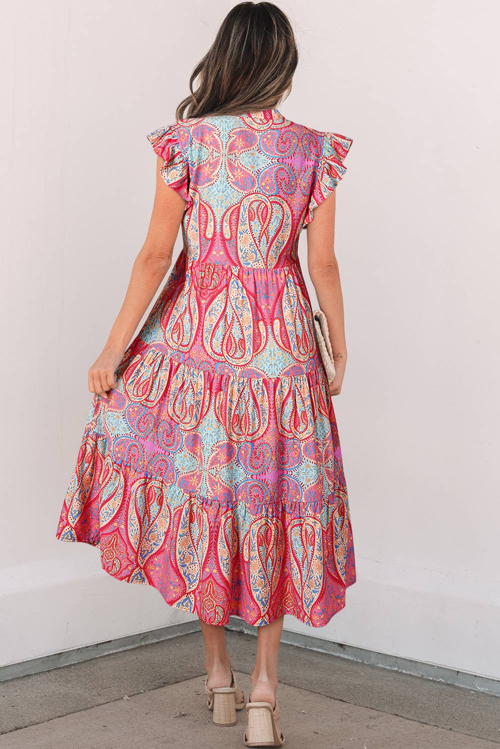 Paisley Print Ruffled Sleeve Notch Neck Dress