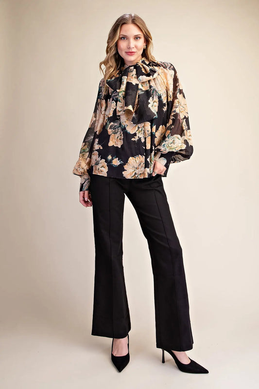 Flower Print Tie-Neck Blouse
