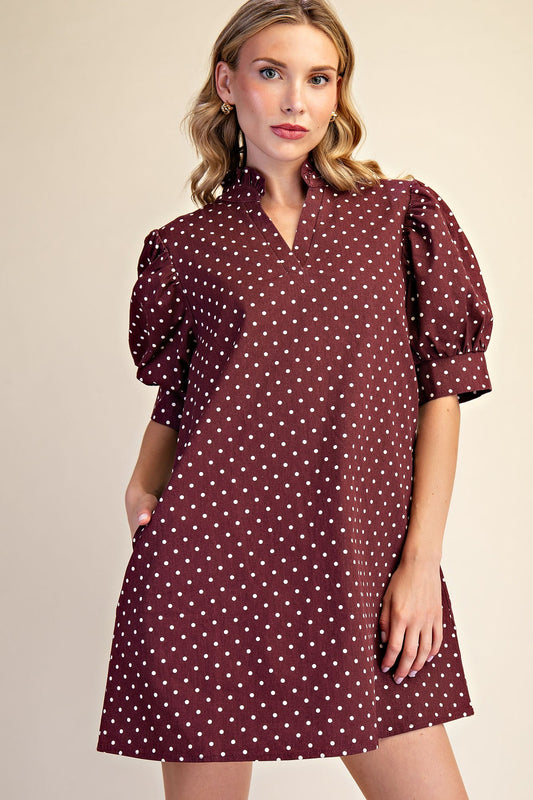 Ruffle V-Neck Puff Sleeve Polka Dot Mini Dress