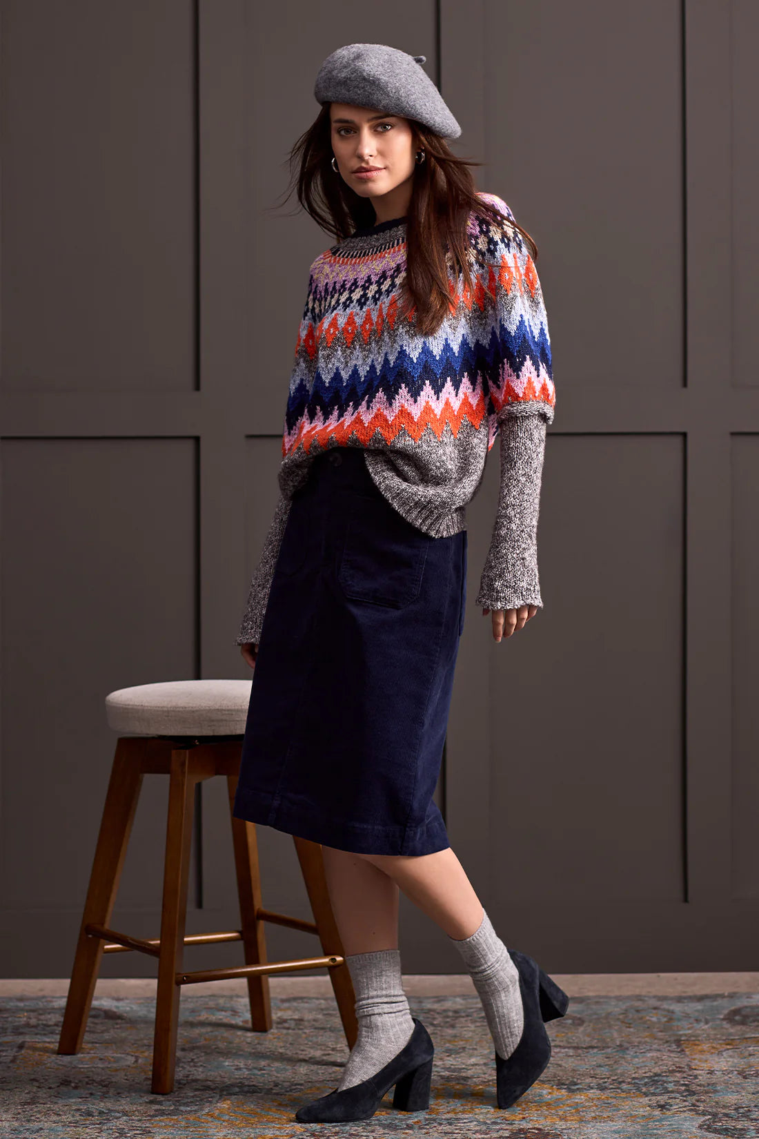 TRIBAL GREY MIX GROUND INTARSIA RIBBED SWEATER