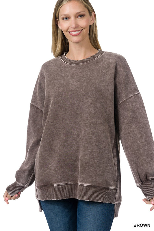 Acid Wash Fleece Hi-Low Hem Pullover(Ash Jade or Brown)