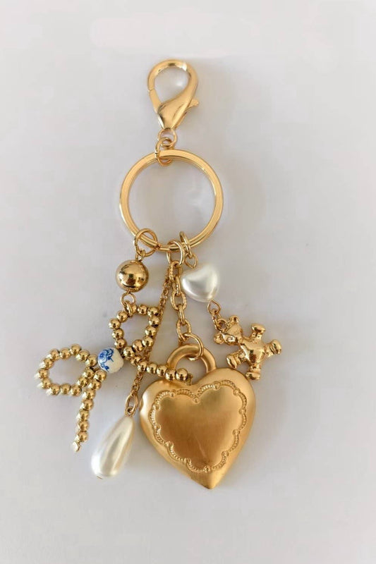 PORCELAIN BOW HEART TEDDY BEAR PEARL BAG CHARM |
