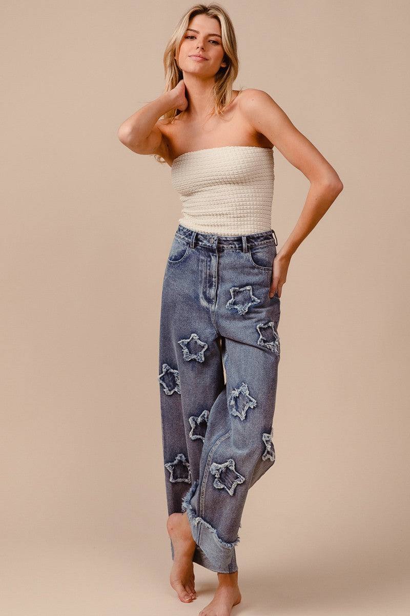Denim Washed Star Patched Pants