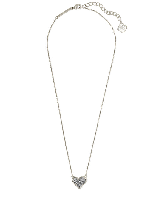 Kendra Scott ARI HEART SHORT PENDANT NECKLACE SILVER PLATINUM DRUSY