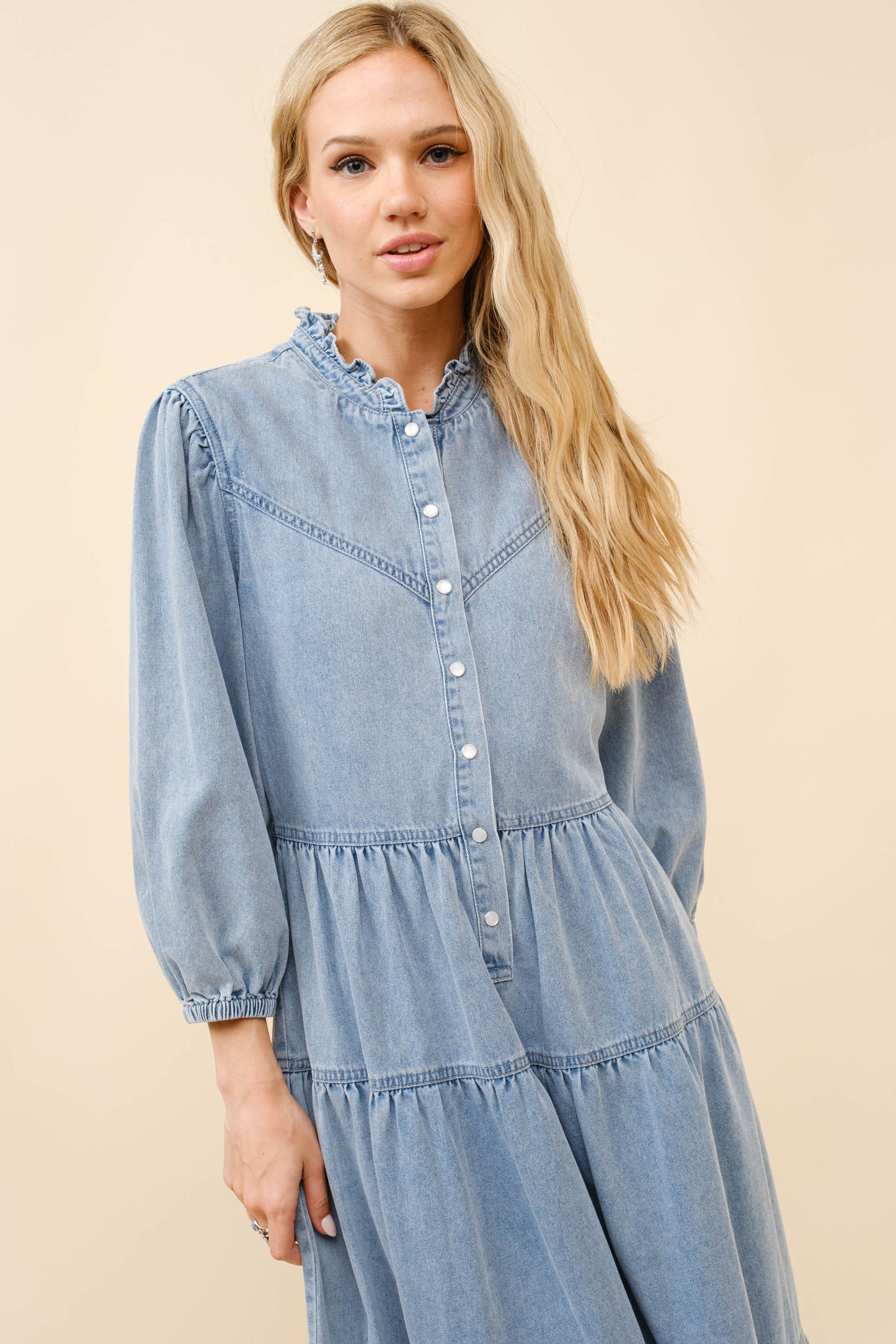 Garment Washed Chevron Midi Denim Dress