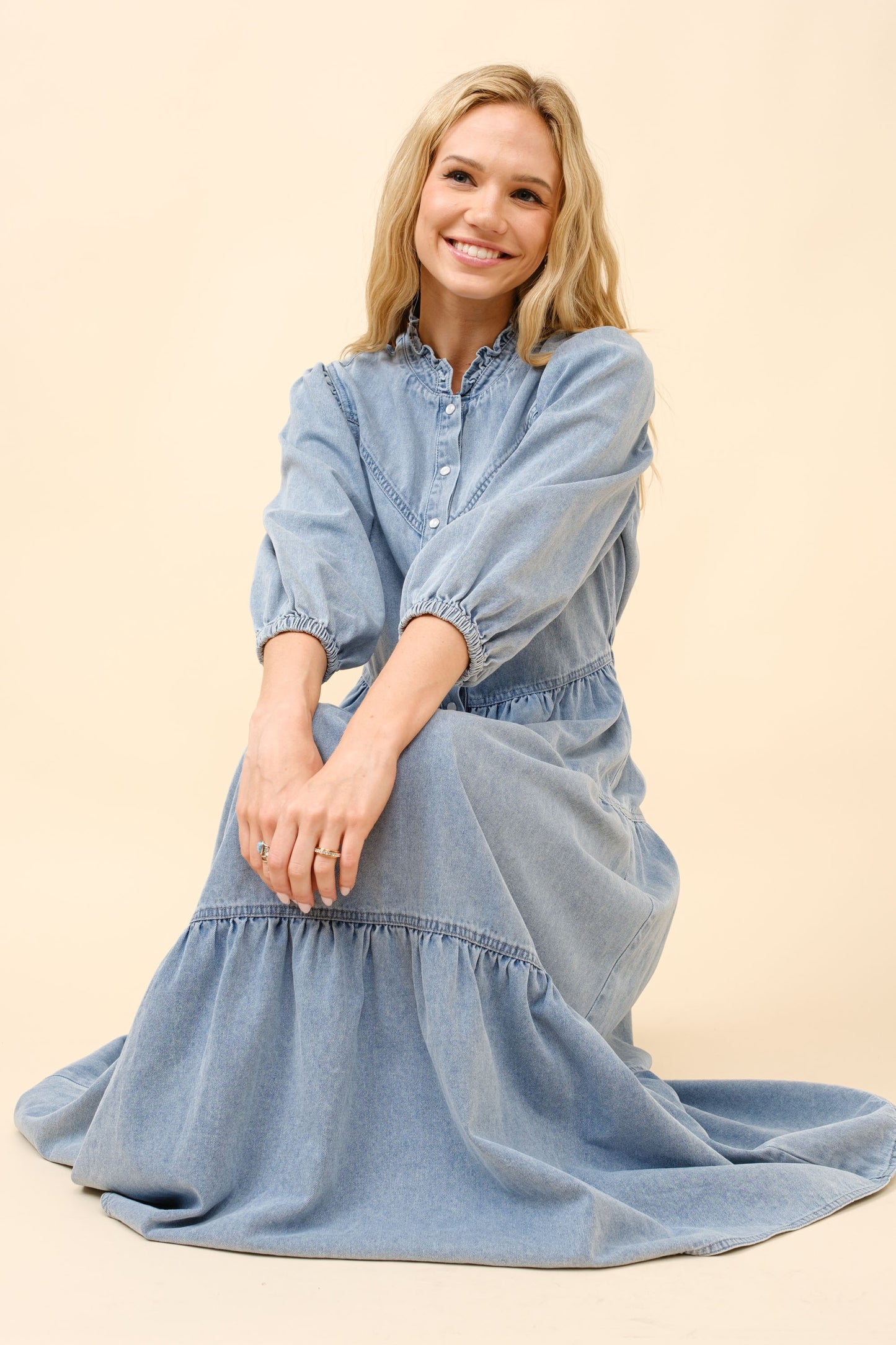 Garment Washed Chevron Midi Denim Dress