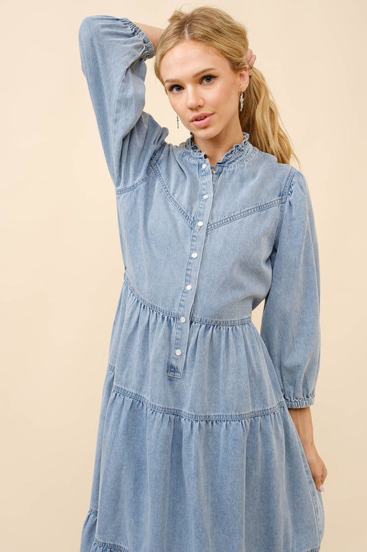 Garment Washed Chevron Midi Denim Dress