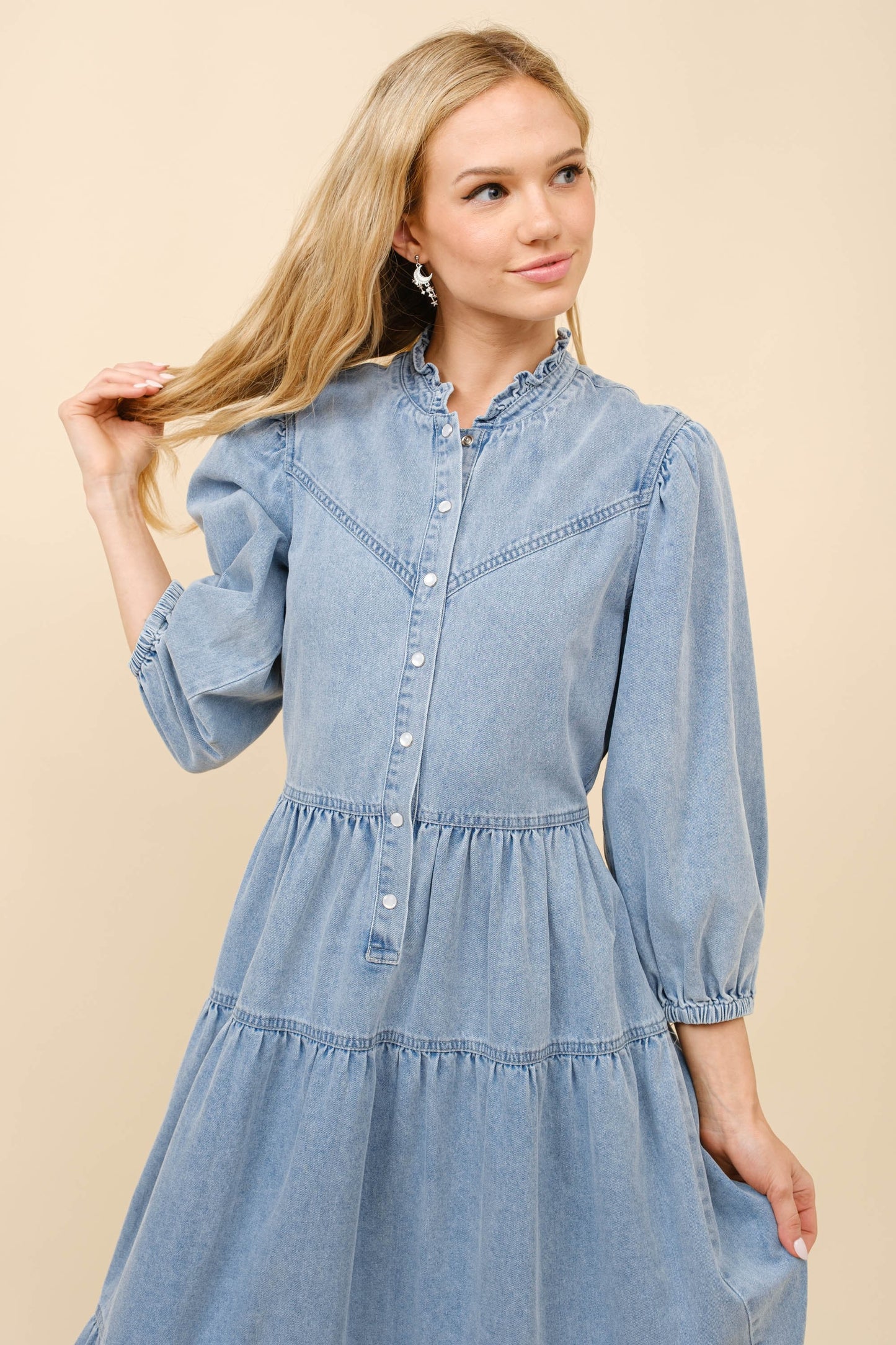 Garment Washed Chevron Midi Denim Dress