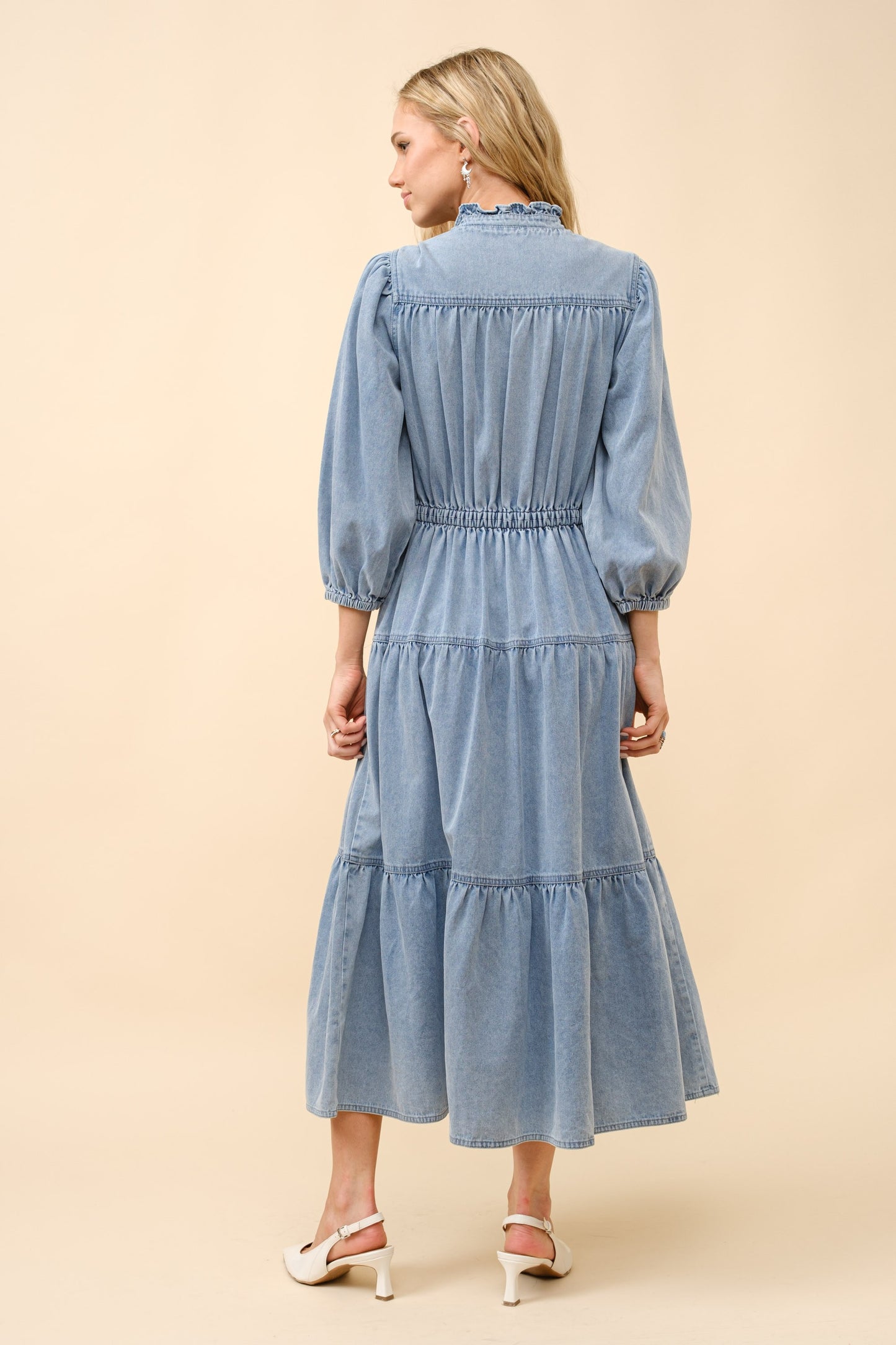Garment Washed Chevron Midi Denim Dress