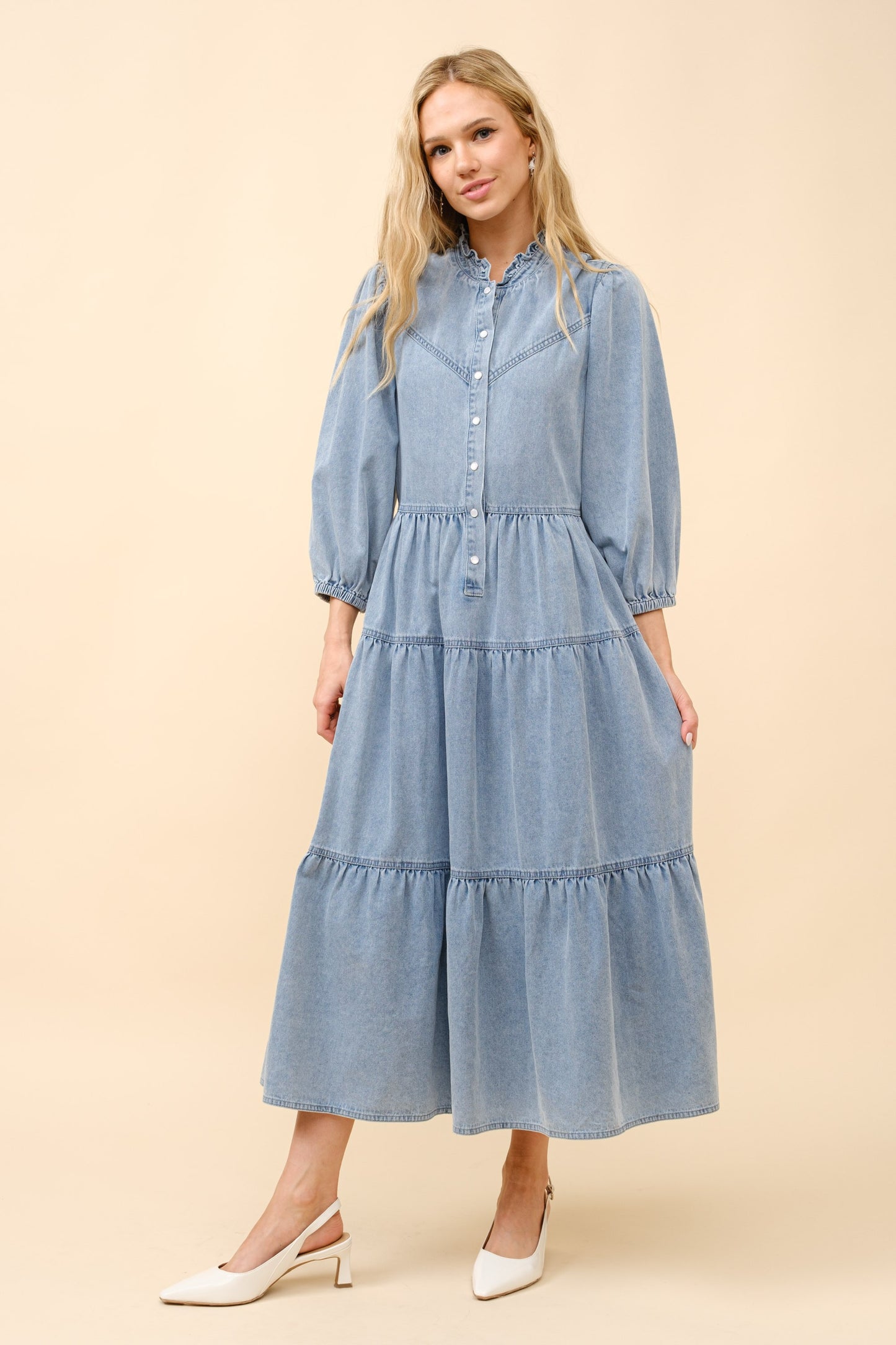 Garment Washed Chevron Midi Denim Dress