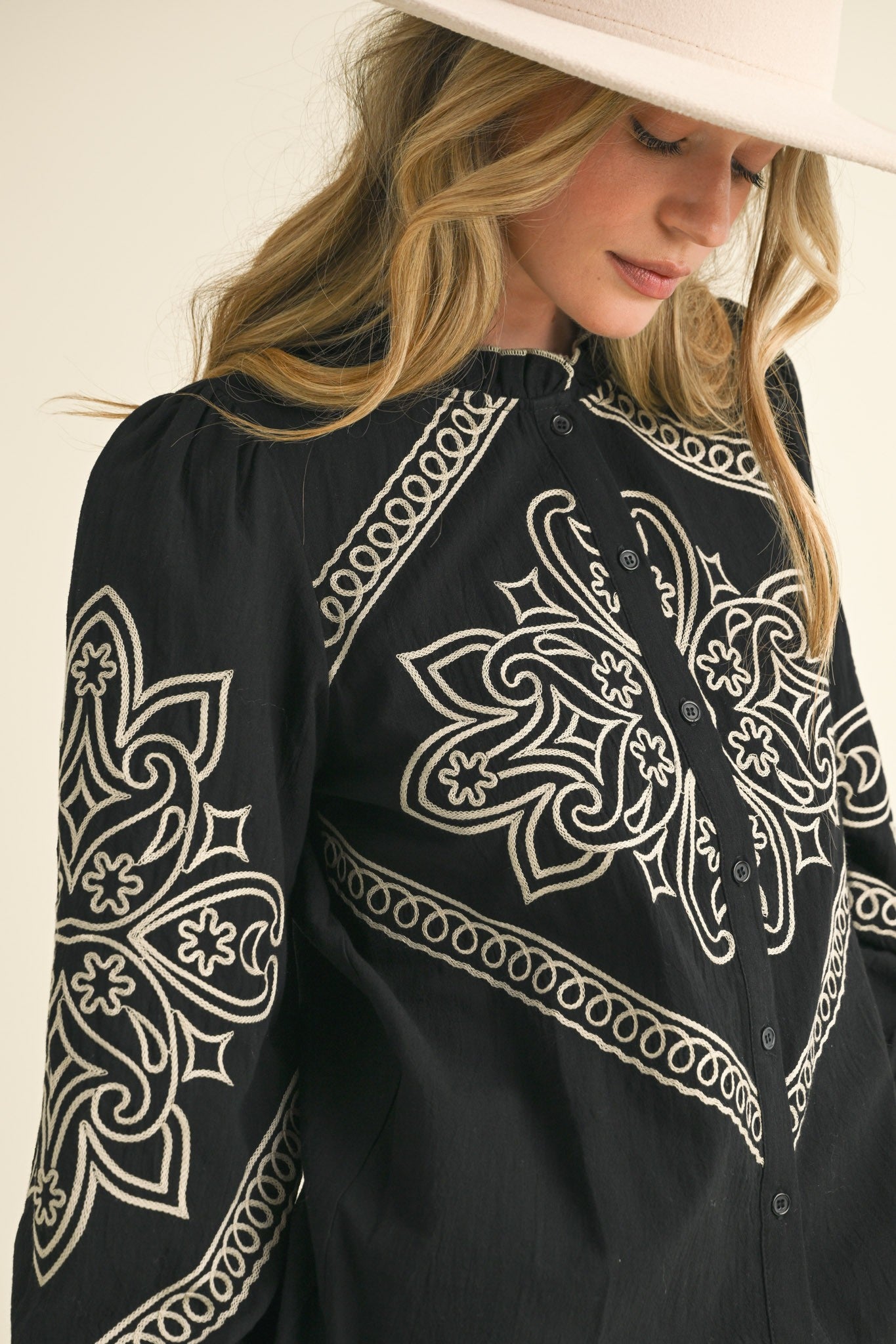 Lanie EMBROIDERED MOCK NECK BUTTON UP TOP (2 Color Options)