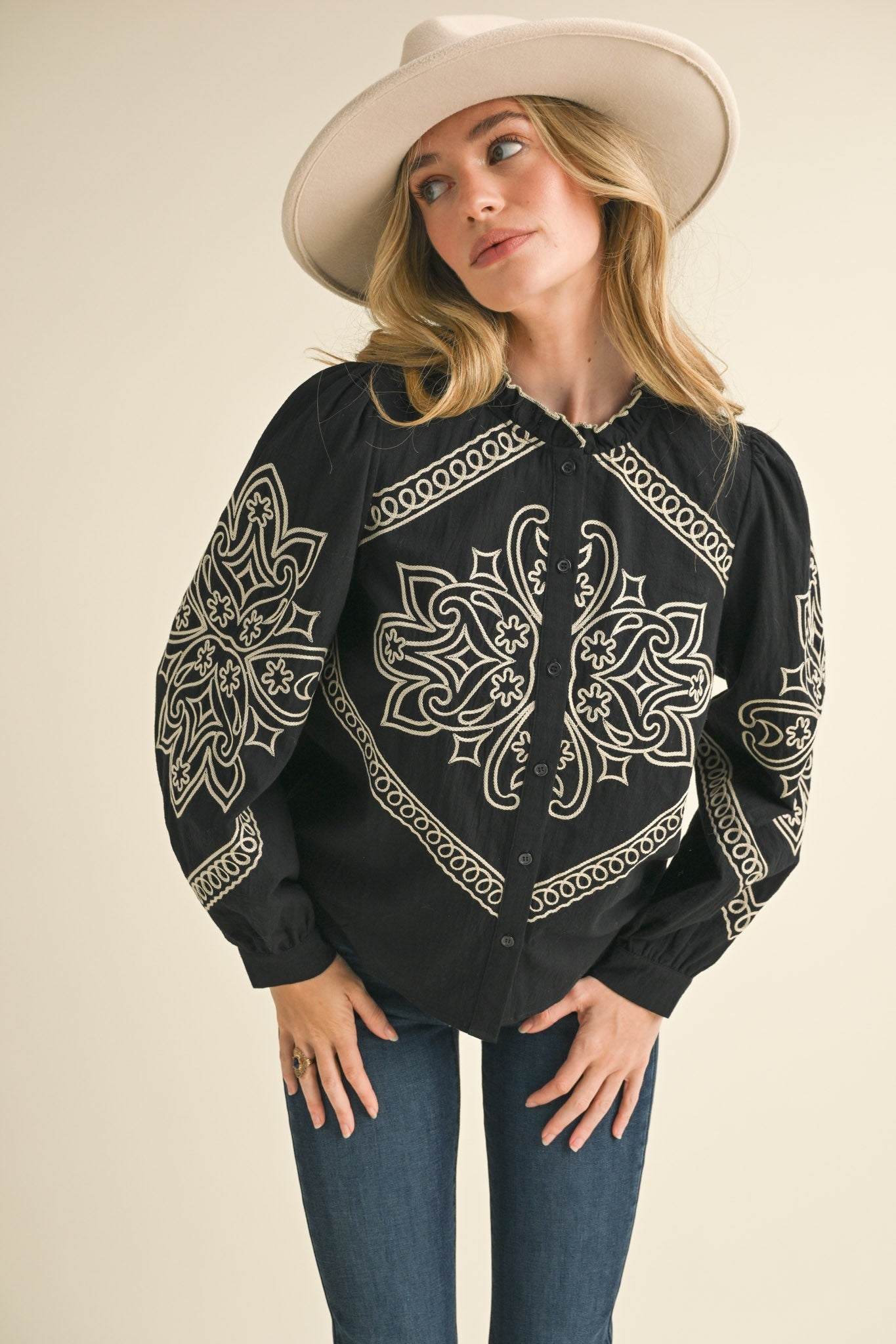 Lanie EMBROIDERED MOCK NECK BUTTON UP TOP (2 Color Options)