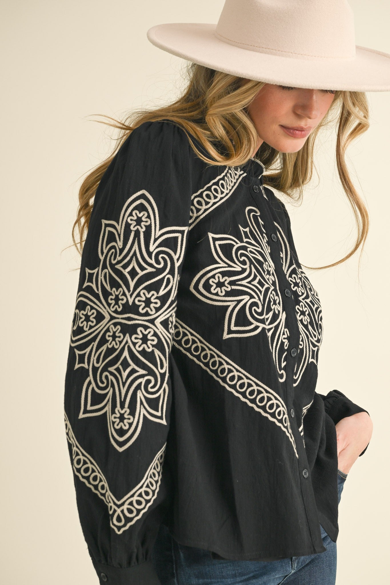 Lanie EMBROIDERED MOCK NECK BUTTON UP TOP (2 Color Options)