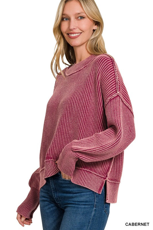 Washed Side Slit Oversized Cropped Sweater (Brown, Cabernet or Dark Red)