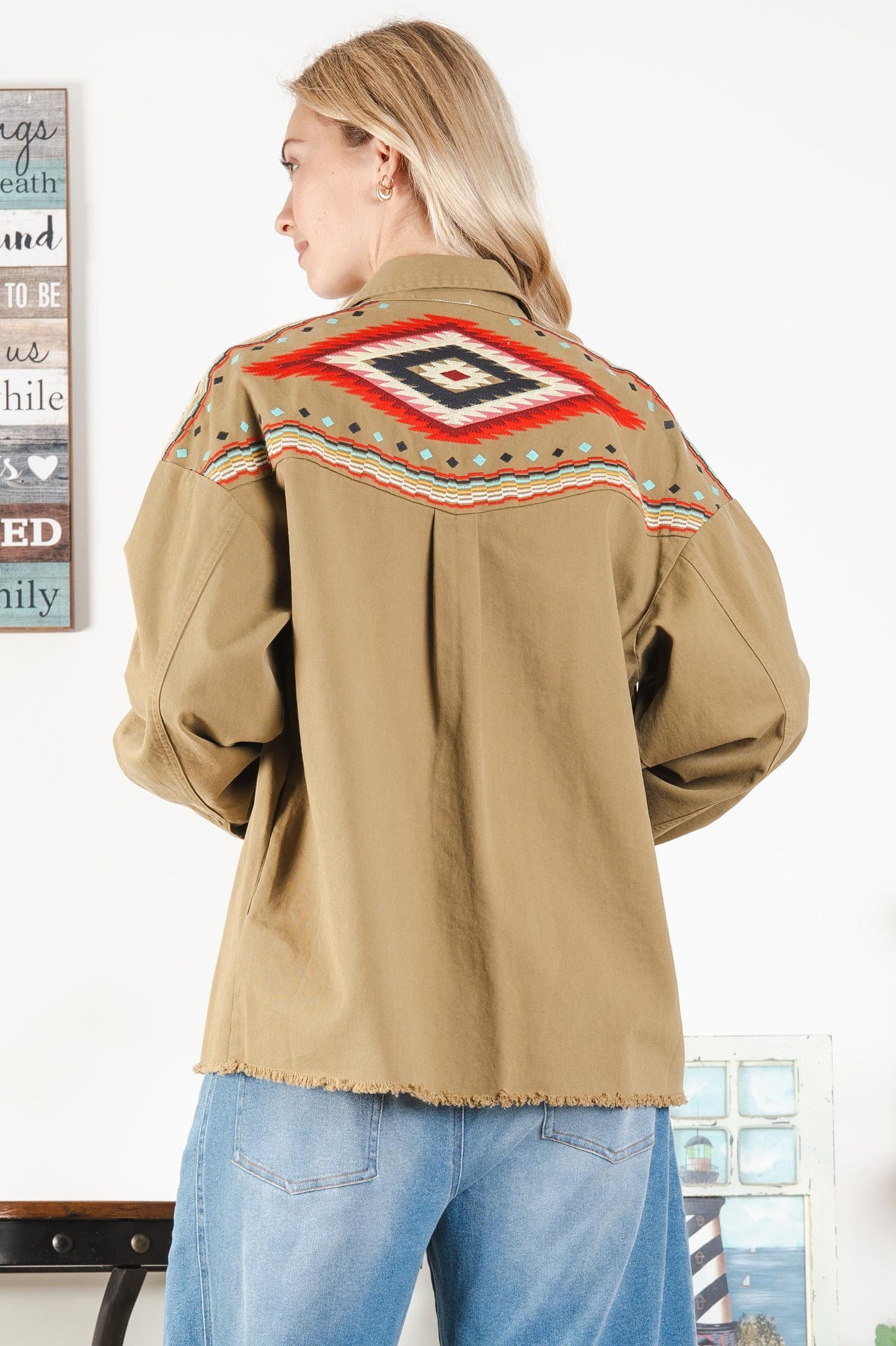 Aztec Embroidered Button Down Twill Jacket