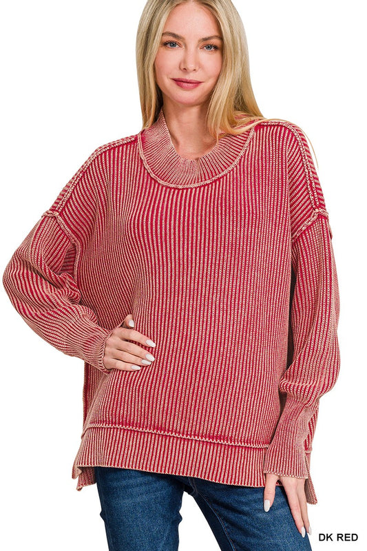 Washed Side Slit Oversized Sweater (Dark Olive or Dark Red)