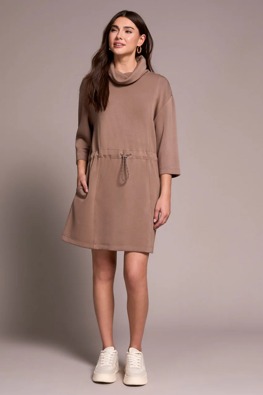TRIBAL TECHNO LUX 3/4 SLEEVE FUNNEL NECK DRESS WITH DRAWCORD