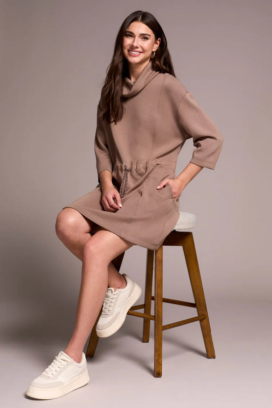 TRIBAL TECHNO LUX 3/4 SLEEVE FUNNEL NECK DRESS WITH DRAWCORD