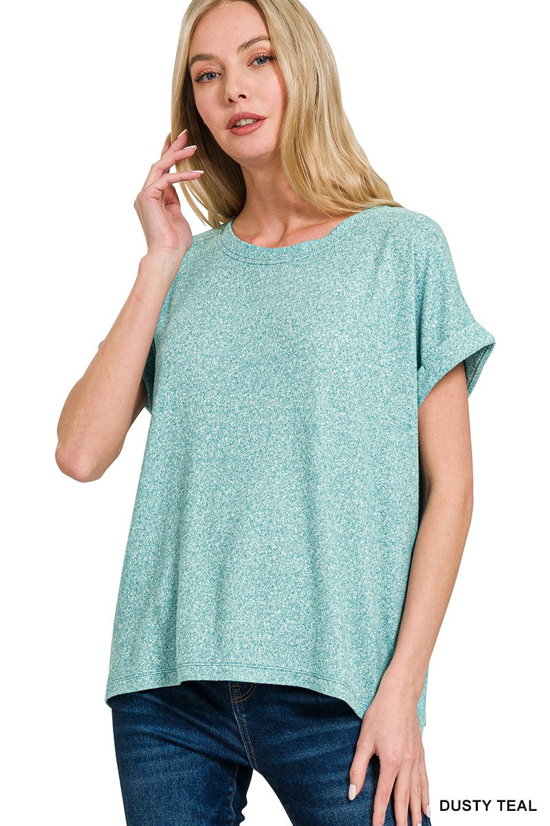 SOFT MELANGE SHORT SLEEVE ROUND NECK TOP
- FOLDED SLEEVE