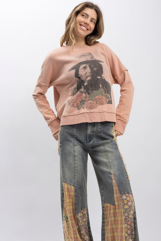 Sitting Bull Print Long Sleeve Pullover