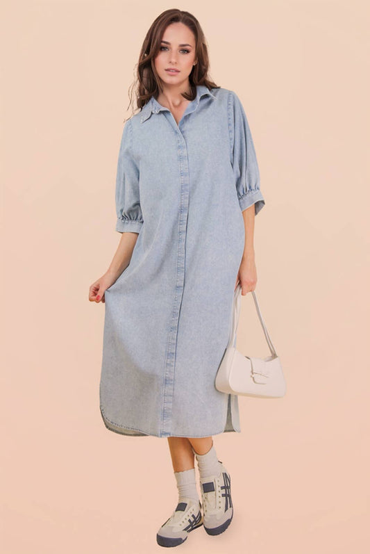 Washed Denim Casual Shirt Midi Dress
