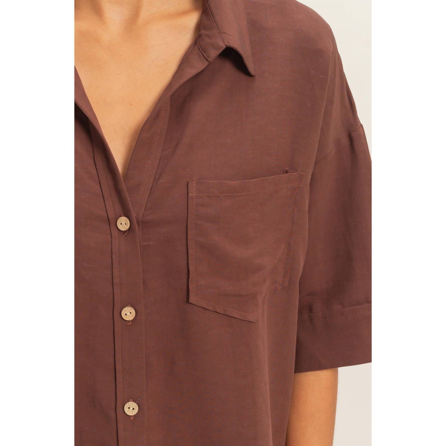 Chocolate Button-Up Collared Short Sleeve Shirt
