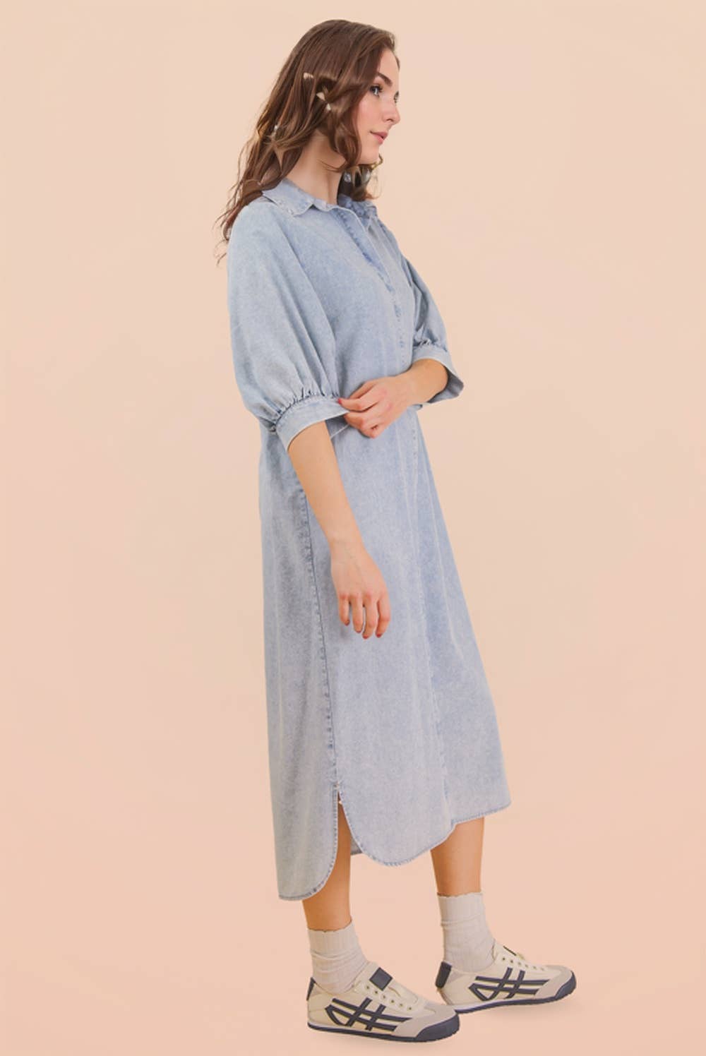 Washed Denim Casual Shirt Midi Dress