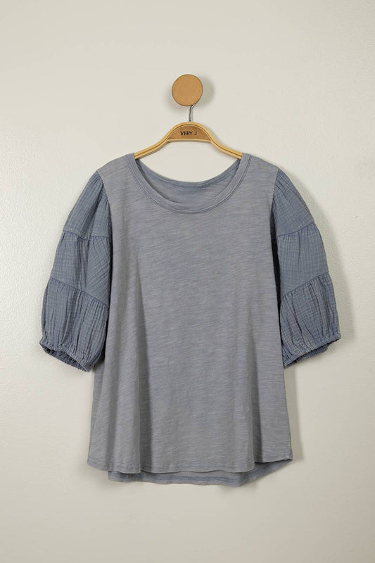 Mineral Washed Puff Sleeve Top (sage or blue)