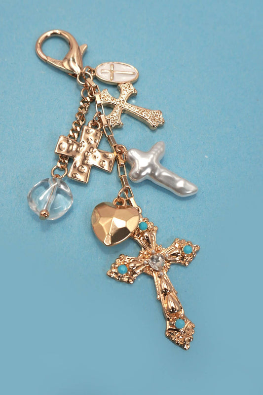 BAG CHARM- WESTERN HEART PEARLIZED CROSS