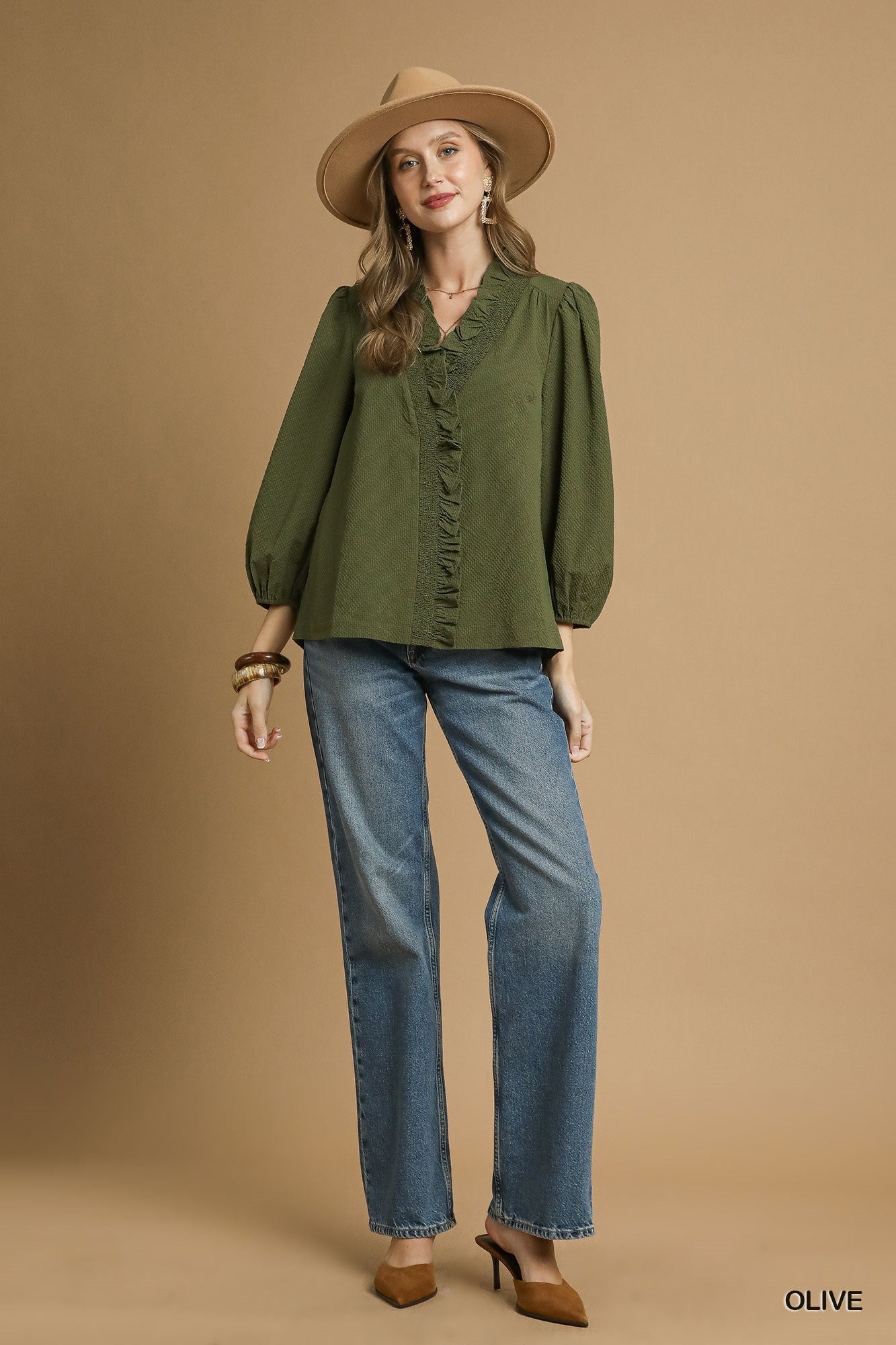 Textured Ruffle Trim Blouse with 3/4 Sleeves (Olive or Midnight)