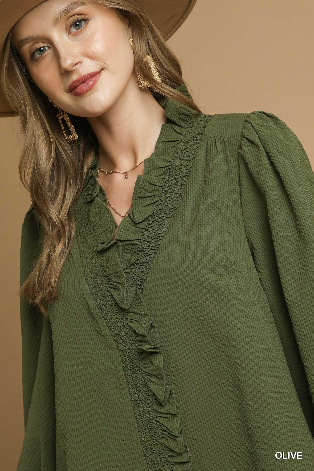 Textured Ruffle Trim Blouse with 3/4 Sleeves (Olive or Midnight)