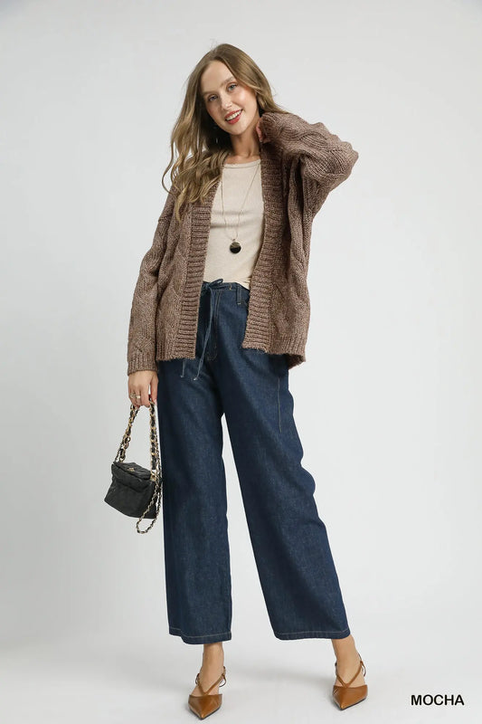 Mocha Chunky Cable Knit Open Front Cardigan