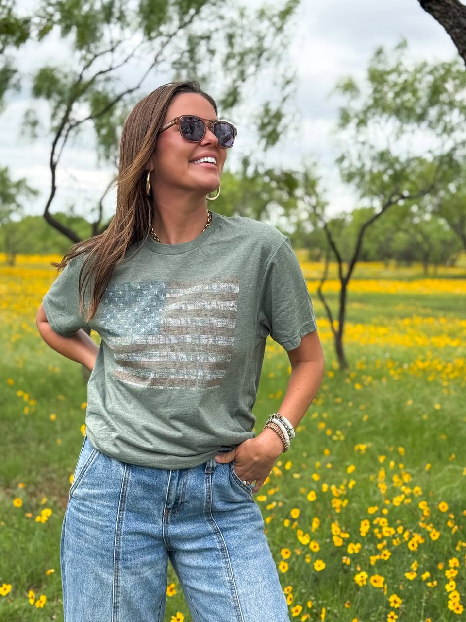 Faded Linen Flag on Army Green Tee