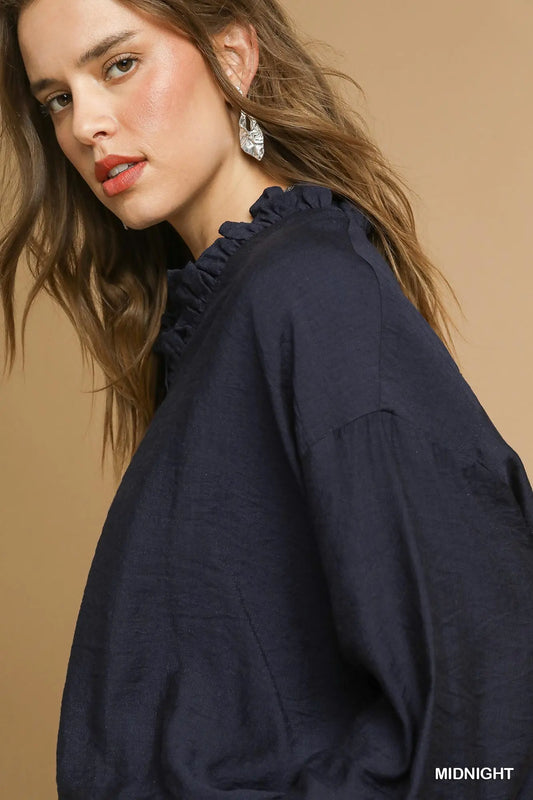 Textured Ruffle Trim Blouse with 3/4 Sleeves (Olive or Midnight)