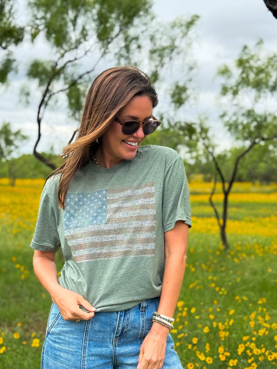 Faded Linen Flag on Army Green Tee