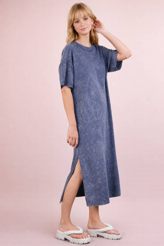 Mineral Washed Casual Comfy Midi Dress
