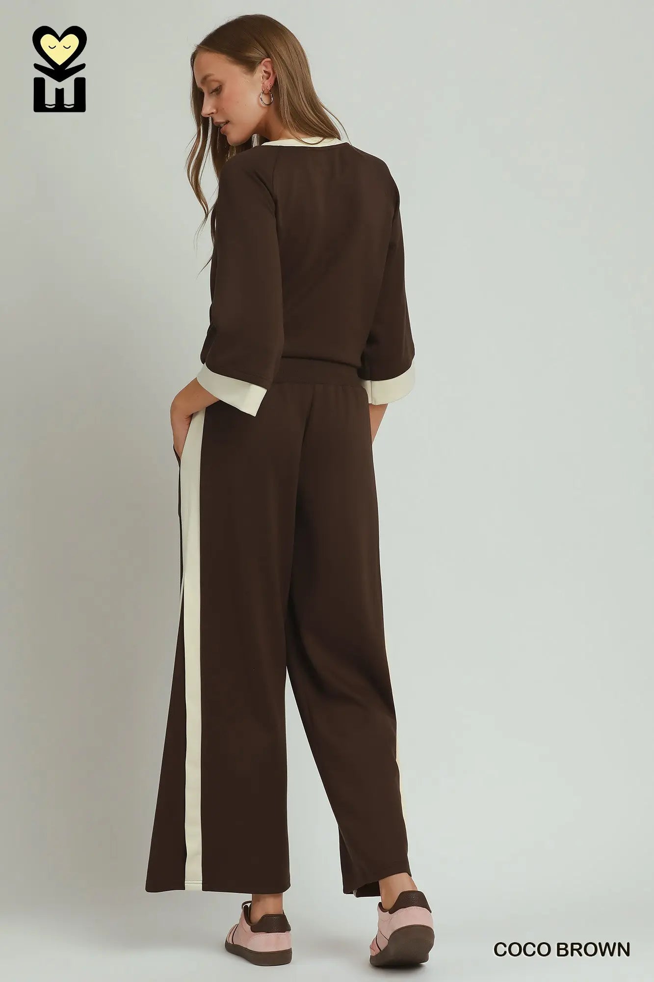 LUXEKNIT Colorblock Crewneck Raglan Sleeve Top & Side Stripe Straight Pants Set (Coco Brown or Marsala)