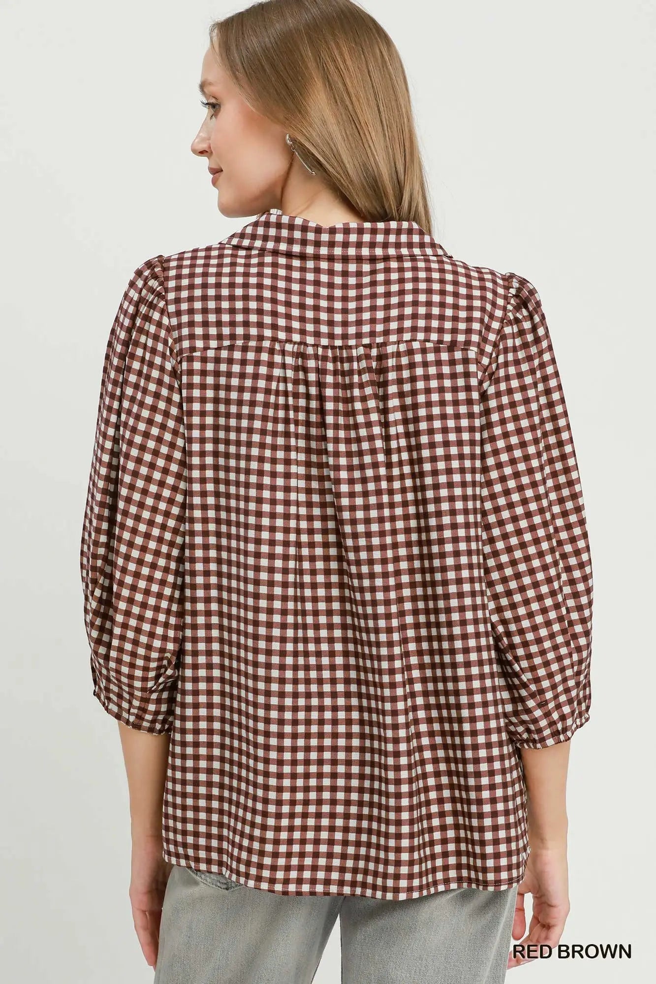 Gingham Check Collared Puff Sleeve Blouse (Hunter Green or Red Brown)