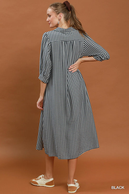 Gingham Check Collared Midi Dress