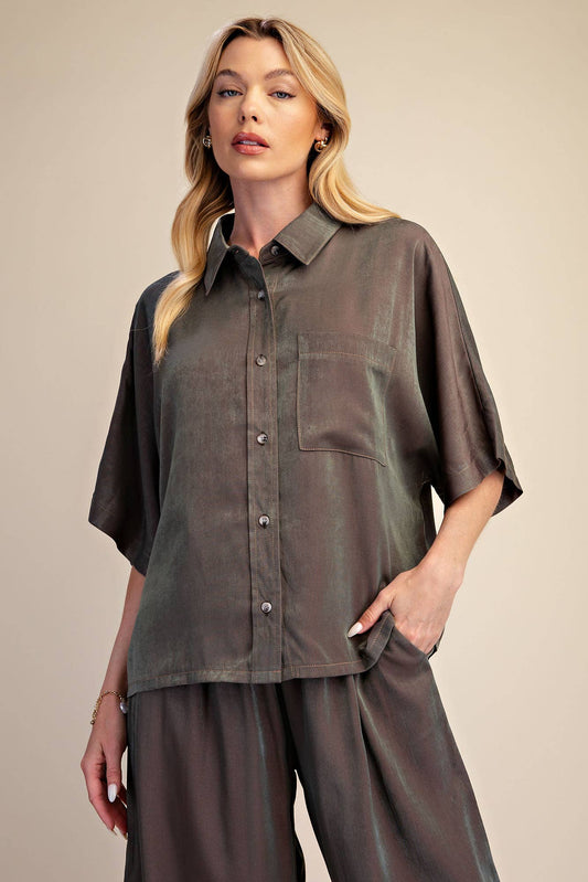 Button Down Flowy Shirt With Dolman Sleeve & Drawstring Wide Leg Pants Set