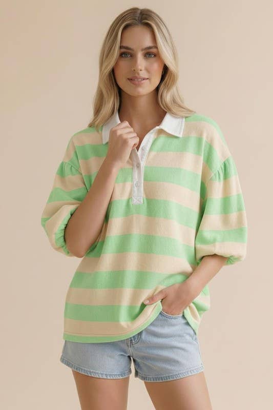 Stripe Button Down Bubble Sleeve Knit Top