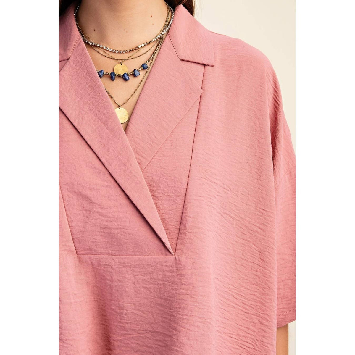 V-Neck Collared Pop Over Top-Teal or Dusty Pink