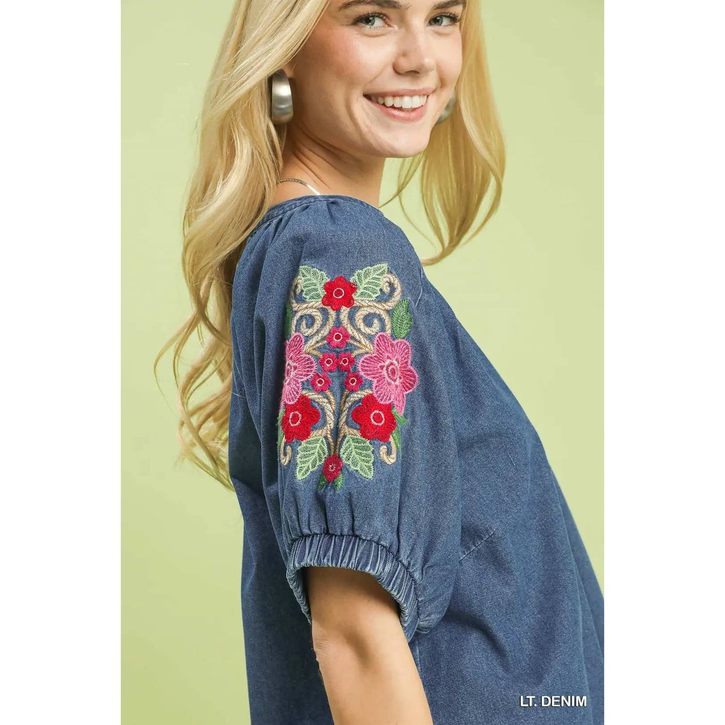 Denim Embroidered Puff Sleeve Boho Top