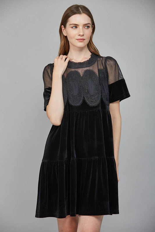 CONTRAST SHEER MESH Black INTRICATE LACE DETAIL VELVET