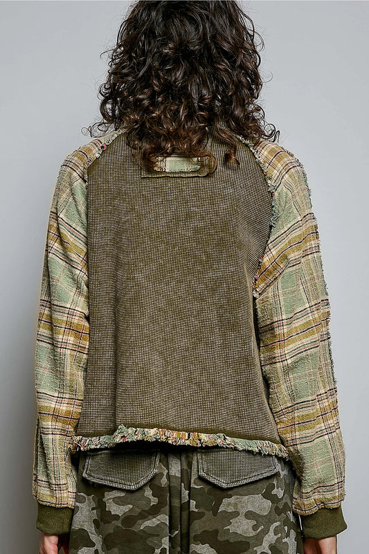 Plaid Patch Vintage Washing Rib Band Wrist Jacket