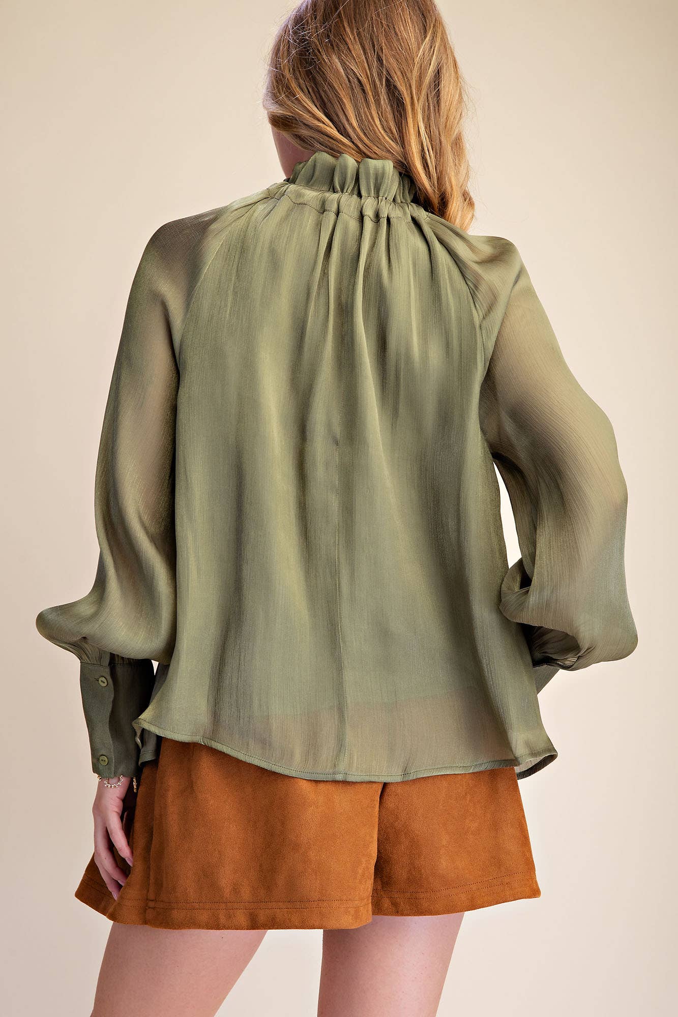 Ruffle Neck Adjustable Tie Long Sleeve Blouse
