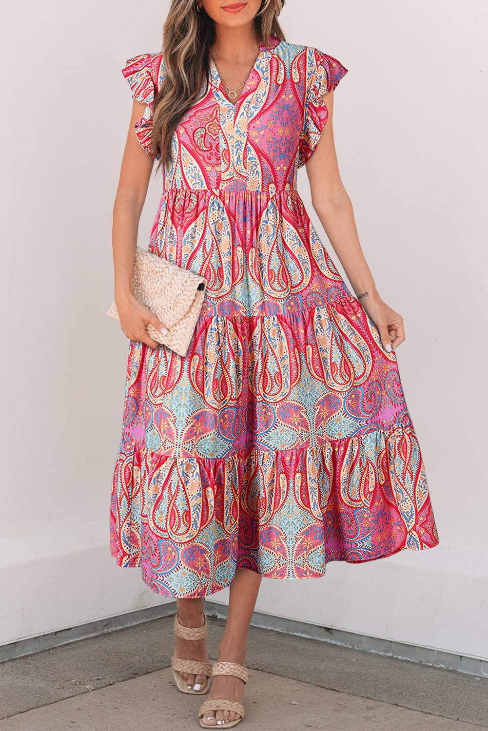 Paisley Print Ruffled Sleeve Notch Neck Dress