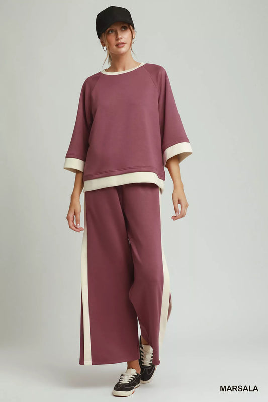 LUXEKNIT Colorblock Side Stripe Straight Pants (Coco Brown or Marsala)