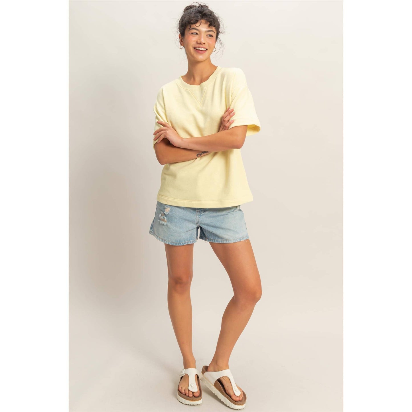 Crew Neck Short Sleeve Top (Pale Yellow or Sage Green)