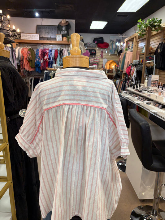 Candy Pink Striped Button Down Top